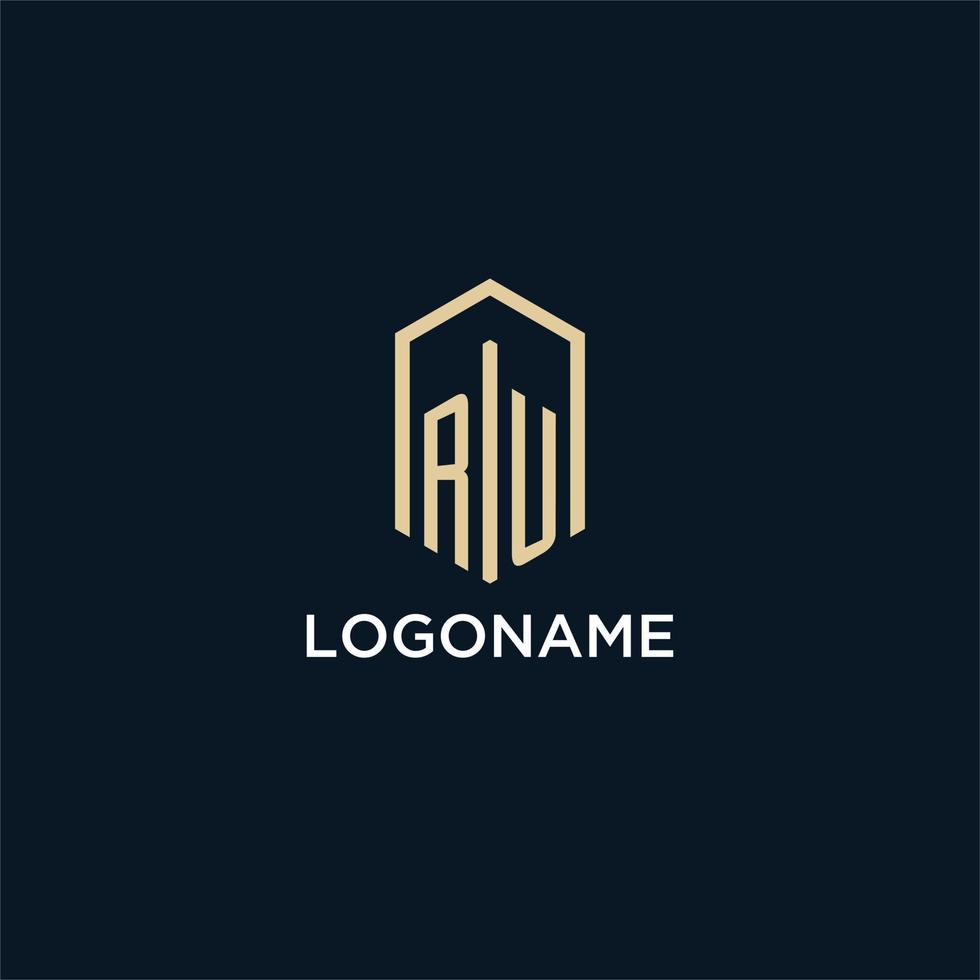 RU initial monogram logo with hexagonal shape style, real estate logo design ideas inspiration vector