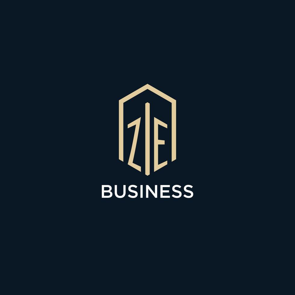 ZE initial monogram logo with hexagonal shape style, real estate logo design ideas inspiration vector