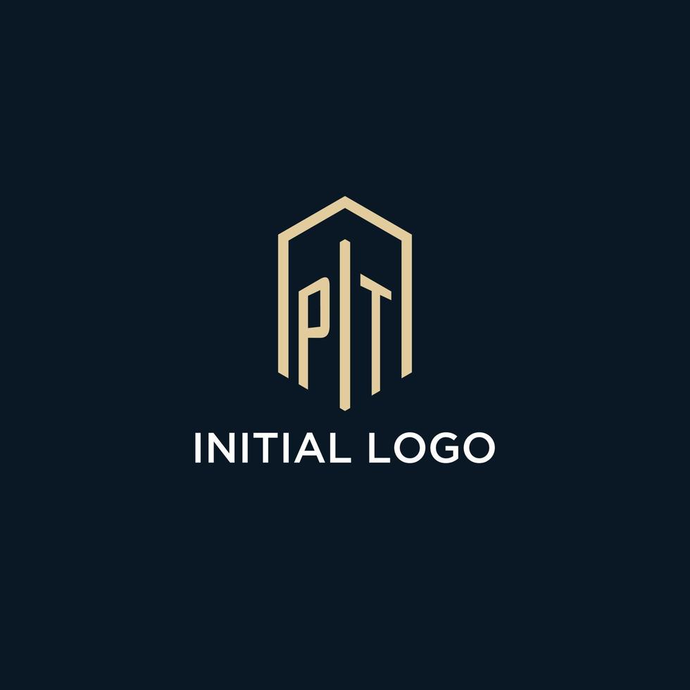 PT initial monogram logo with hexagonal shape style, real estate logo design ideas inspiration vector