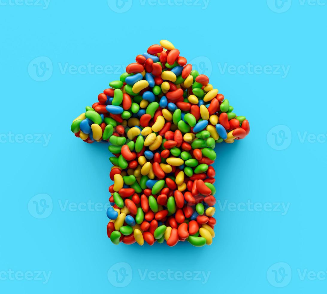 Pointer Up arrow of chocolate candy with colored glaze on a White background 3d illustration photo