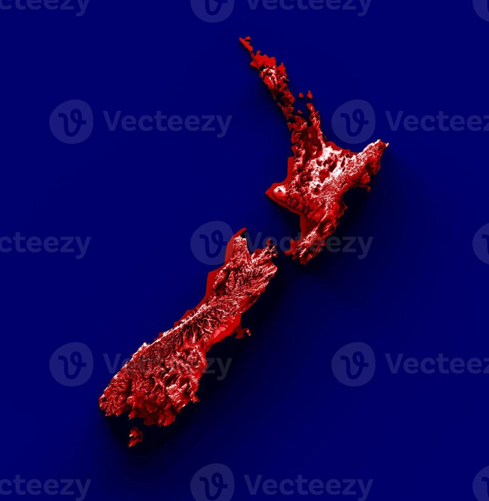 New Zealand map with the flag Colors Blue and Red Shaded relief map 3d illustration photo