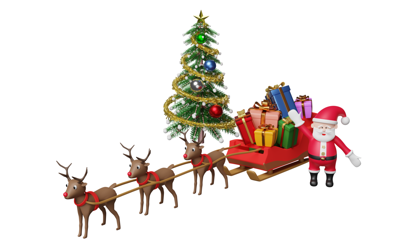 trenó de renas com papai noel, caixa de presente, árvore de natal isolada. site ou cartaz ou cartões de felicidade, banner e ano novo festivo, ilustração 3d ou renderização 3d png