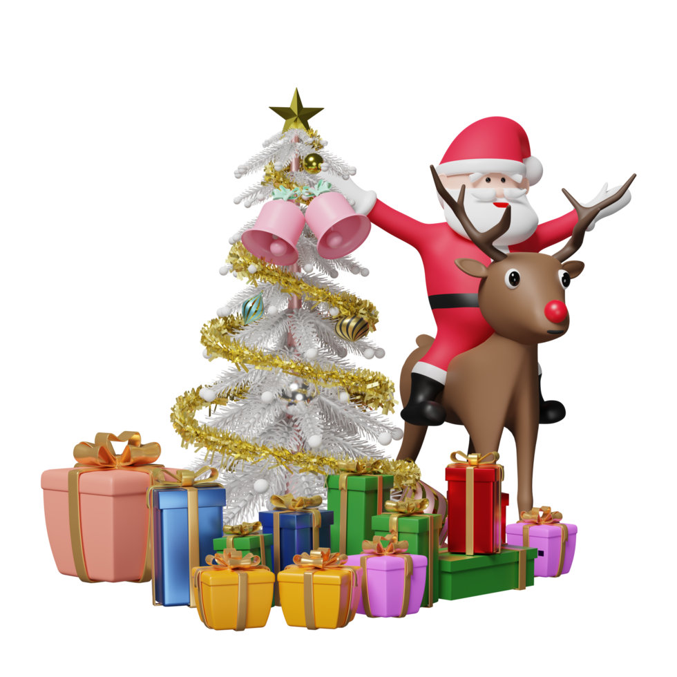 Santa claus with reindeer,gift box, christmas tree isolated. website, poster or happiness cards, festive New Year concept, 3d illustration or 3d render png