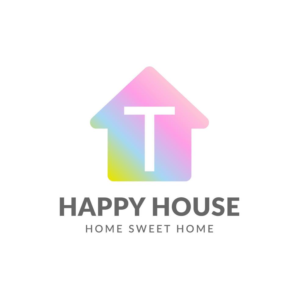 diseño de logotipo de vector de casa feliz letra t