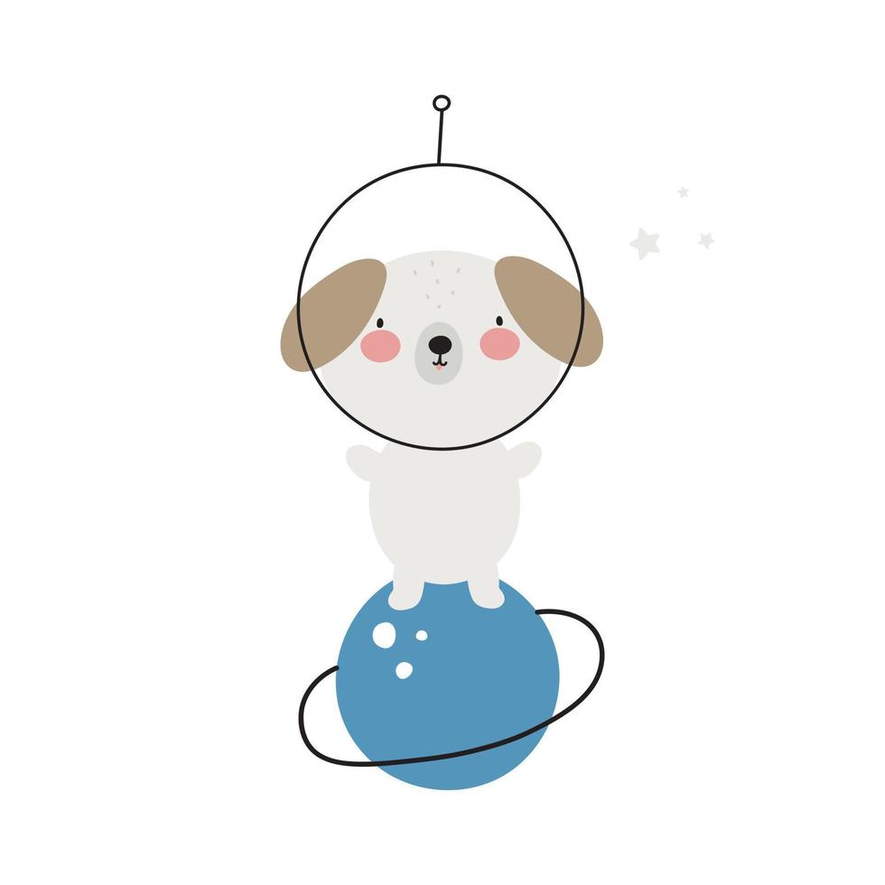 Cartoon print with a cute dog in space. Vector illustration. For kids stuff, card, posters, banners, children books, printing on the pack, printing on clothes, fabric, wallpaper, textile.
