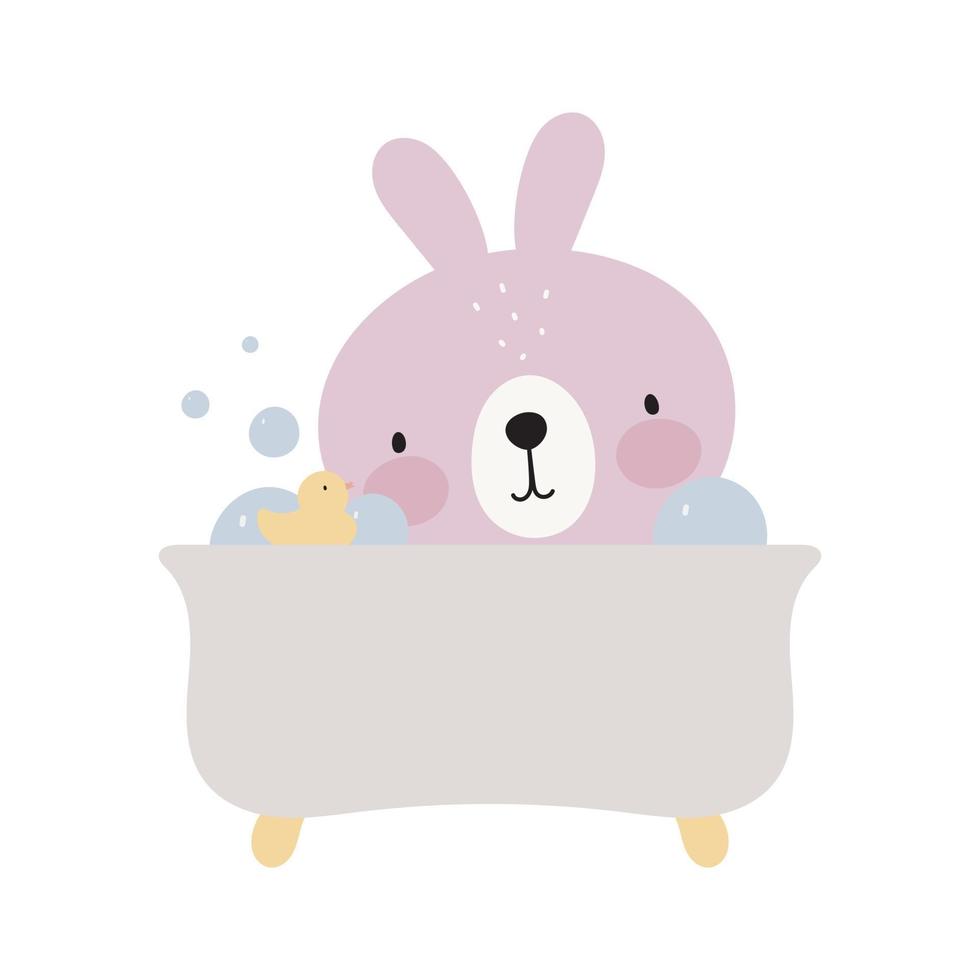 Cute Rabbit in the bathroom. Vector illustration. For kids stuff, card, posters, banners, children books, printing on the pack, printing on clothes, fabric, wallpaper, textile.