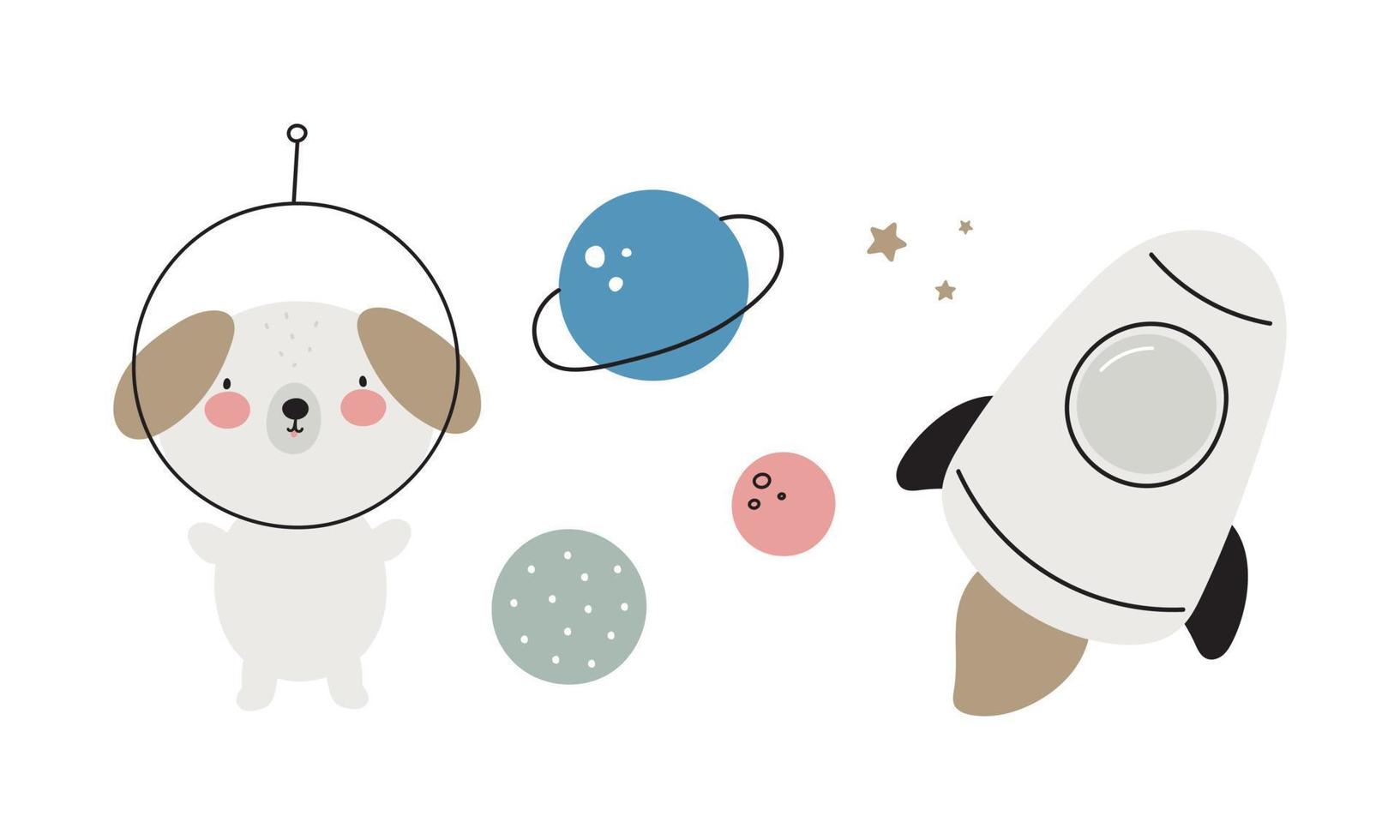 Space set with dog astronaut. Vector illustration on a white background. For card, posters, stickers, icons, printing on the pack, printing on clothes, fabric, wallpaper.