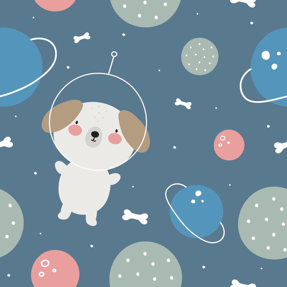 patrón espacial impecable con perro astronauta y planetas. ilustración vectorial para tarjetas, afiches, pancartas, impresión en el paquete, impresión en ropa, tela, papel tapiz. vector
