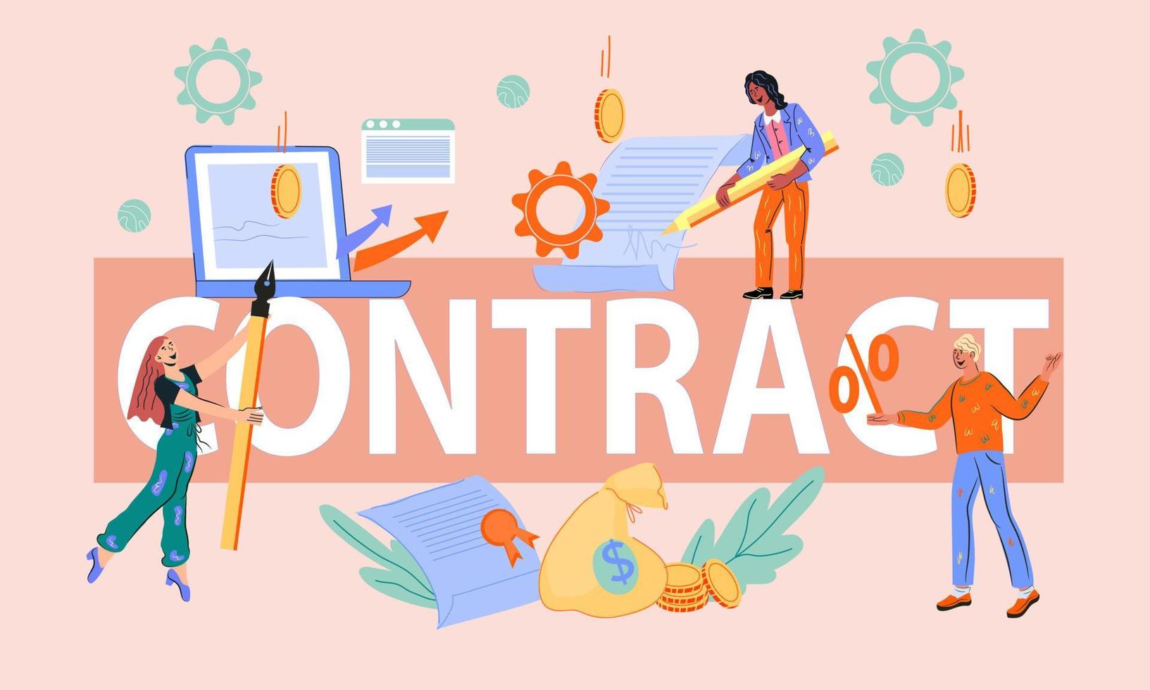 concepto de firma de contrato de plantilla de banner web con personajes de personas de negocios. transacción exitosa e inversiones en el crecimiento y desarrollo de la empresa. ilustración vectorial de dibujos animados. vector