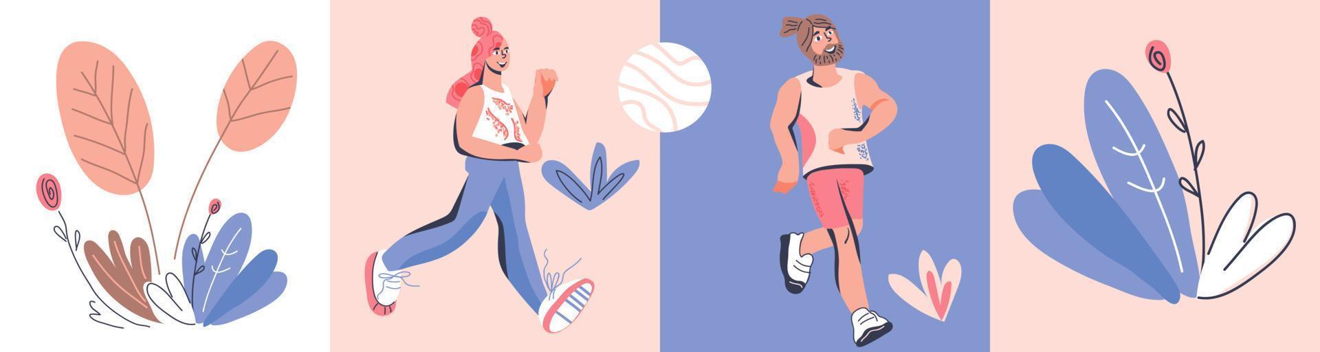 corredores de carreras de maratón personajes de hombres y mujeres que usan ropa deportiva. ejecutar la competencia y el banner de actividad deportiva. ilustración vectorial de dibujos animados en estilo moderno. vector