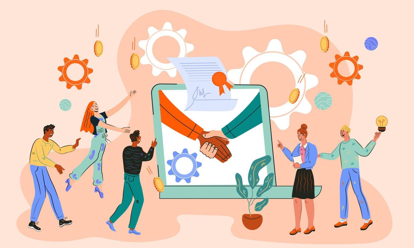 Smart contract signing banner template with characters of business people. Successful partnership agreement or business deal conclusion remotely via computer network, vector illustration background.