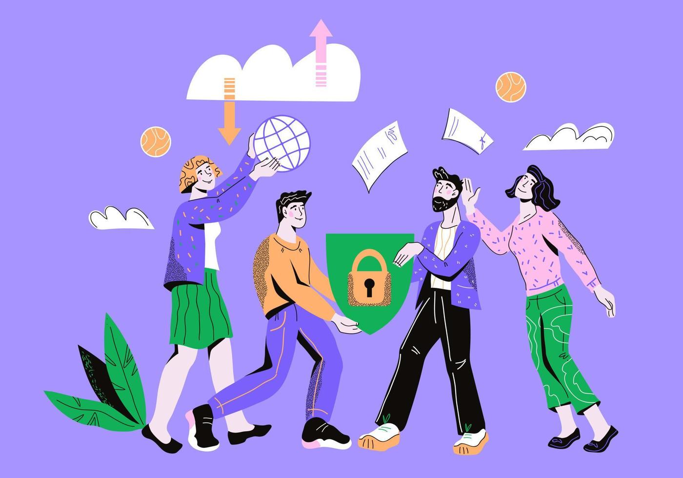 SAAS software cloud service internet technology banner with cartoon characters of business people sharing documents online. Business Software as service computer technology. Vector illustration.