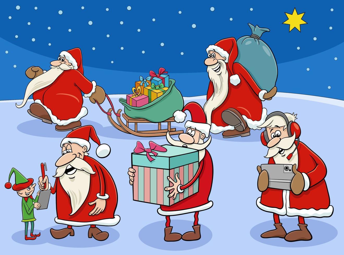 cartoon Santa Clauses characters on Christmas time vector