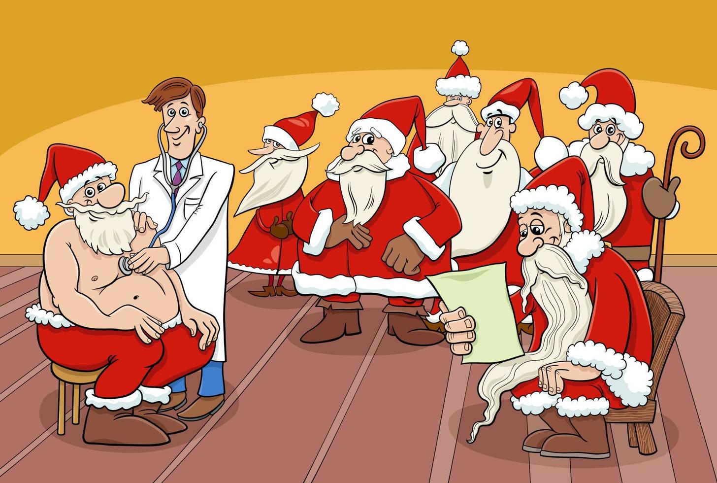 cartoon Santa Clauses characters at the doctor vector