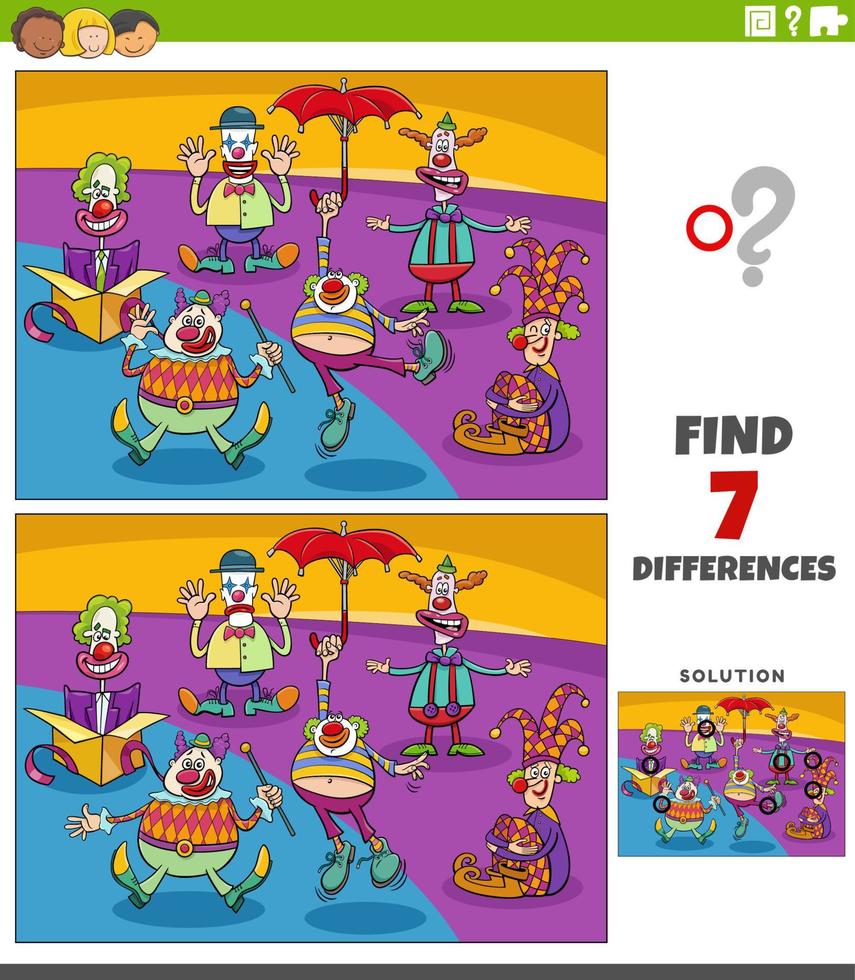 differences game with cartoon clowns characters vector