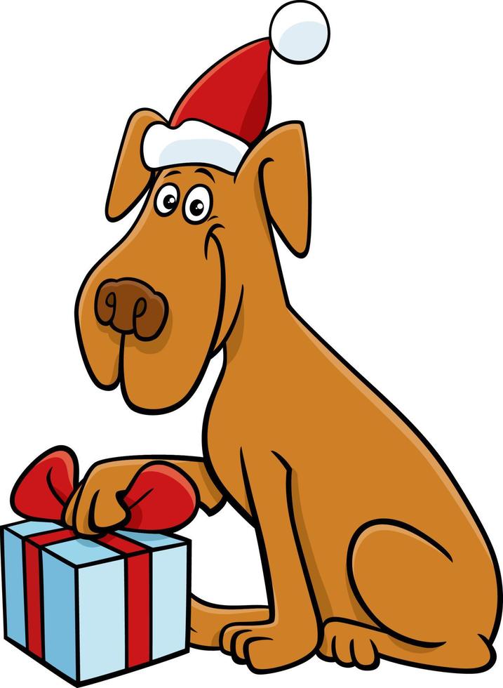 perro de dibujos animados con regalo en navidad vector