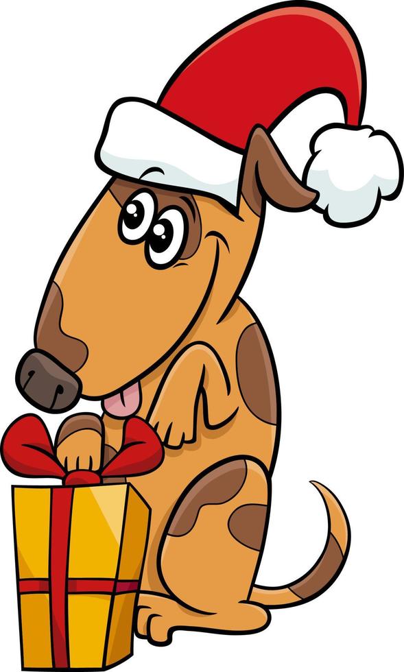 personaje animal de perro de dibujos animados con regalo de navidad vector