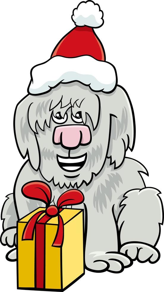 perro peludo de dibujos animados con regalo en Navidad vector