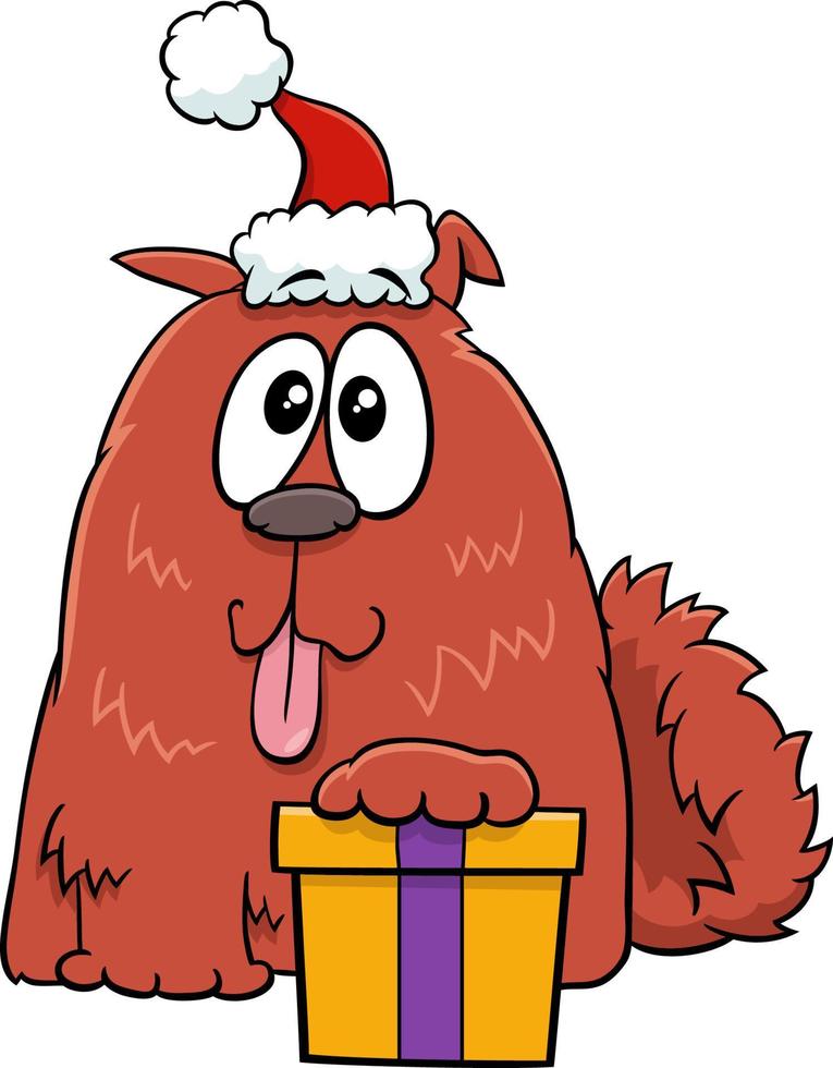 funny cartoon dog with gift on Christmas time vector