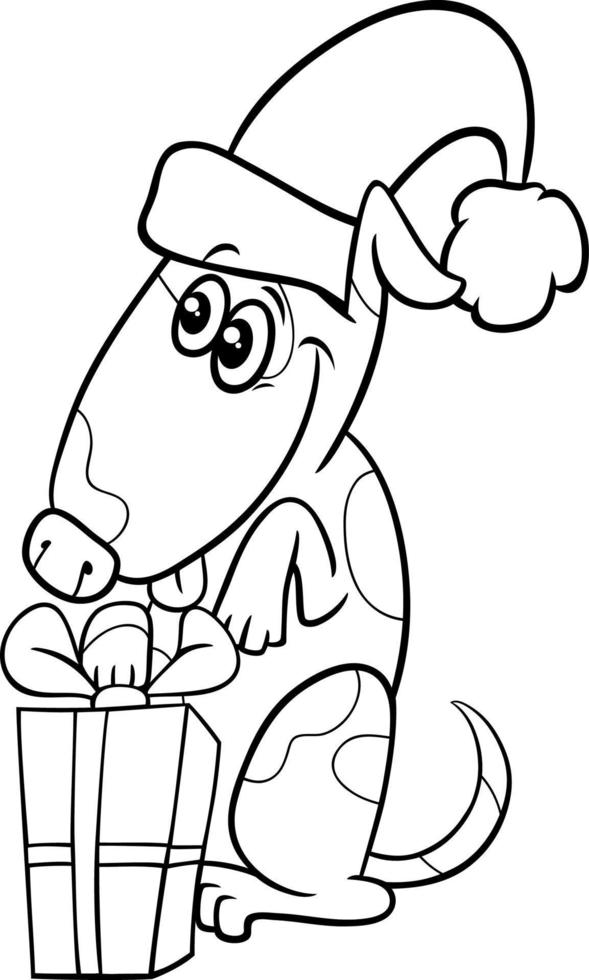 cartoon dog character with Christmas gift coloring page vector