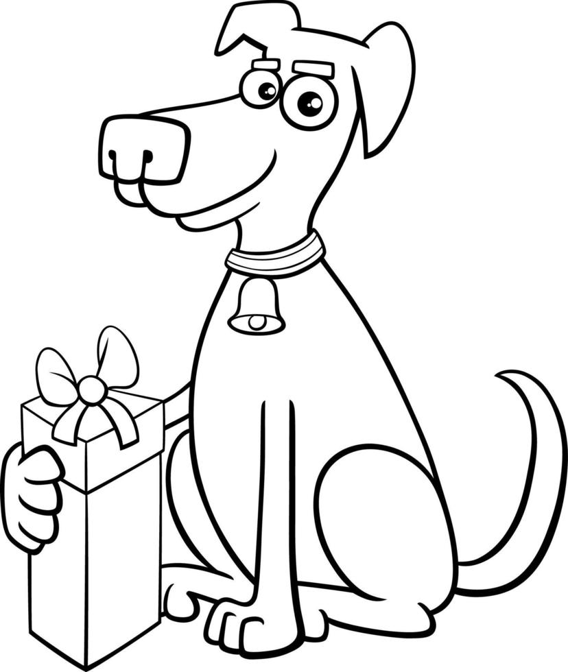 cartoon dog with Christmas gift coloring page vector