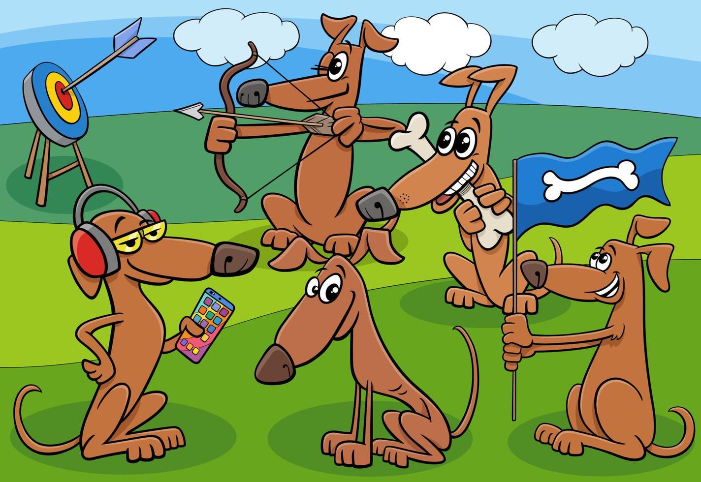 grupo de personajes de dibujos animados de perros y cachorros al aire libre vector