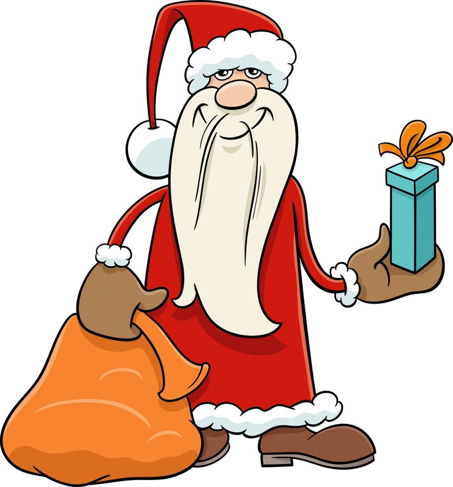 cartoon Santa Claus with sack and Christmas gift vector