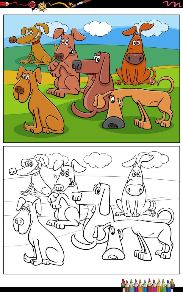 cartoon dogs animal characters group coloring page vector