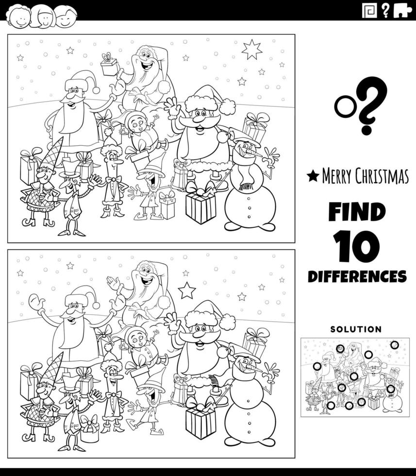 differences game with Santa Clauses characters coloring page vector