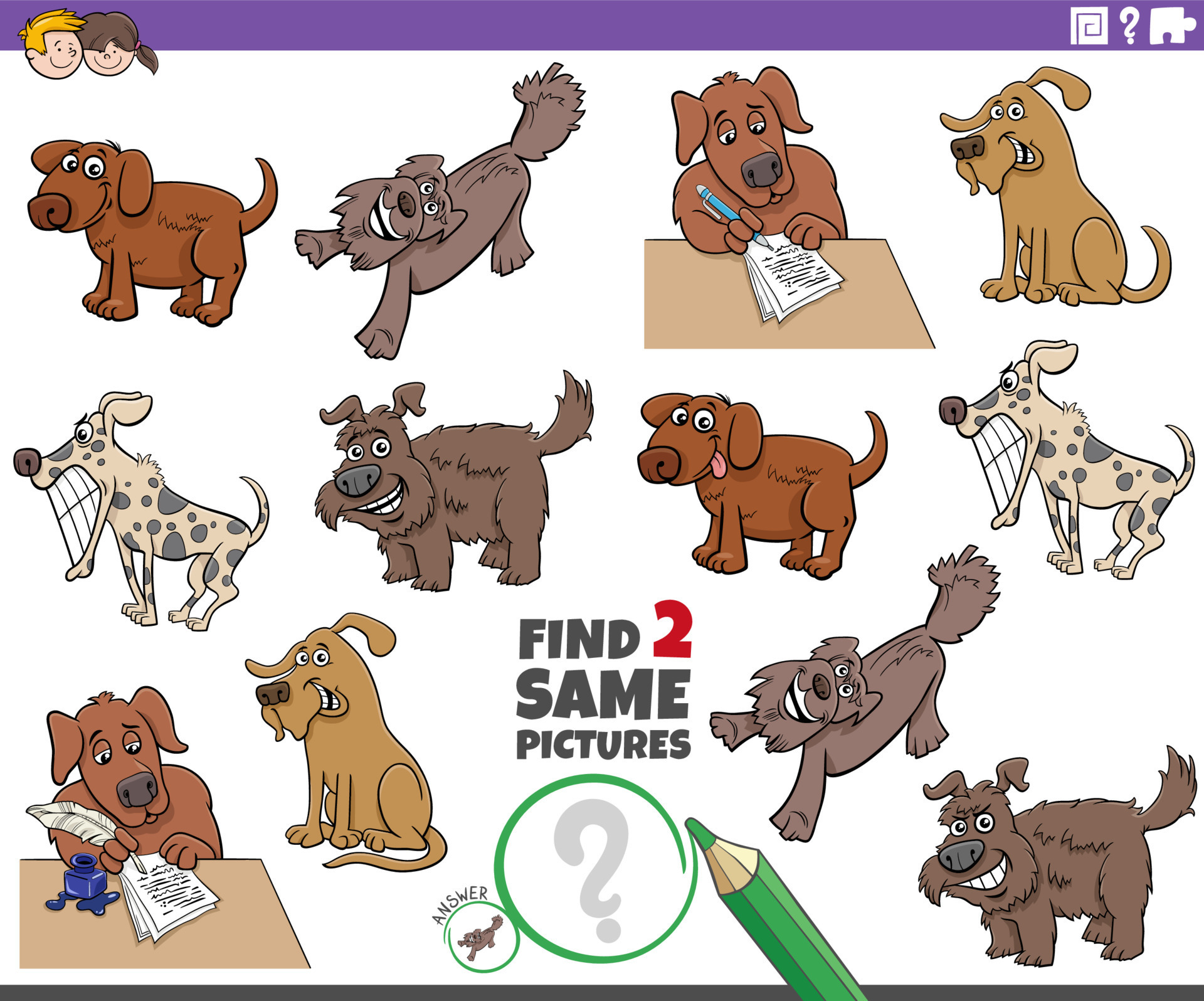 find two same cartoon dog characters educational game 15482129 Vector Art  at Vecteezy
