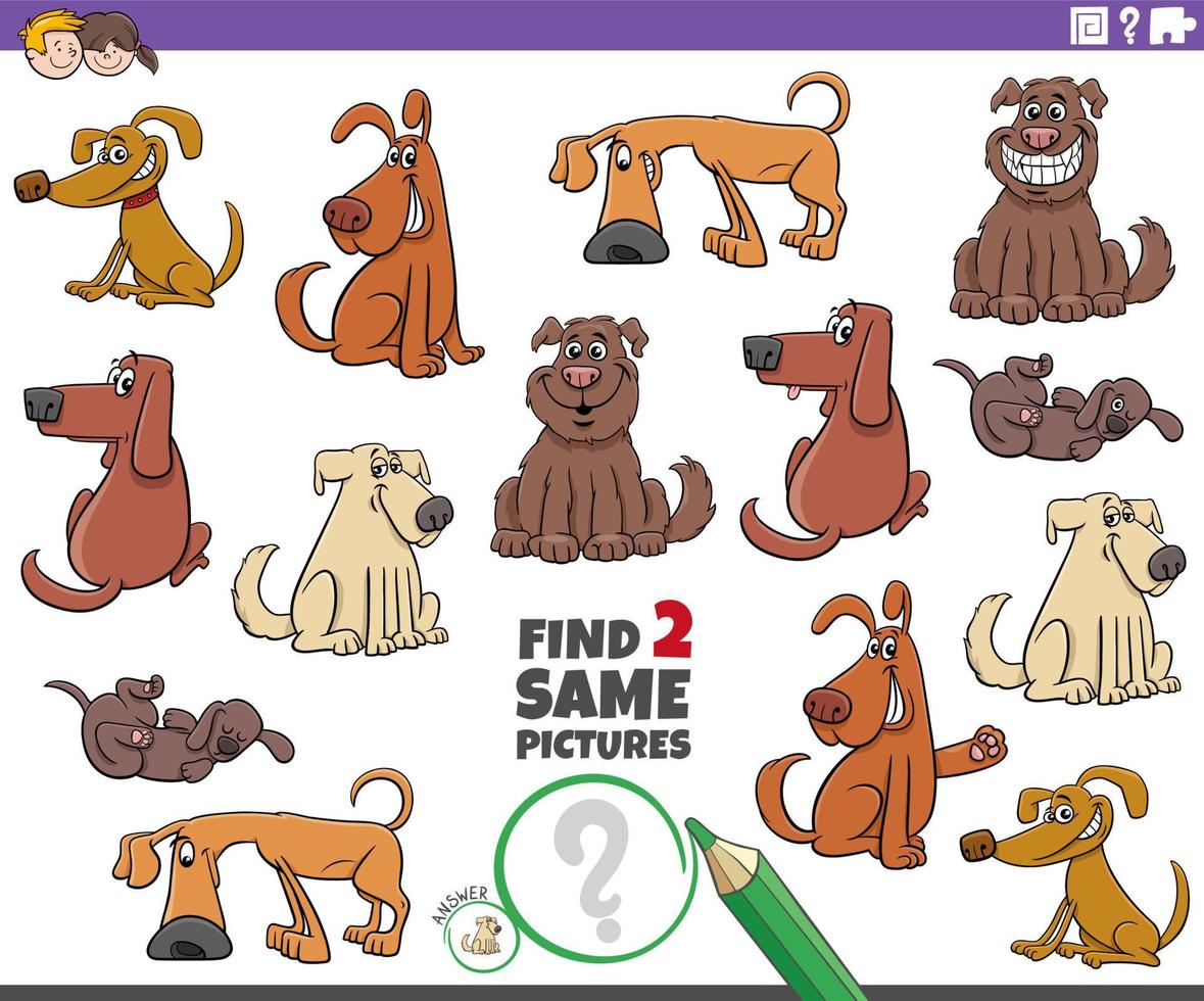 find two same cartoon dog characters educational game vector