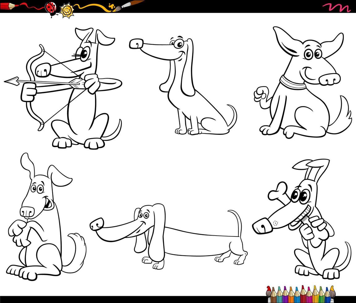 cartoon dogs animal characters set coloring page vector