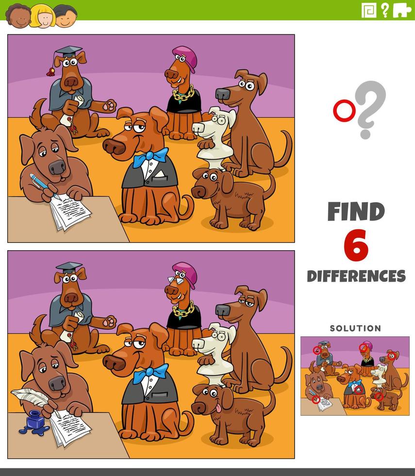 differences game with cartoon dogs animal characters vector