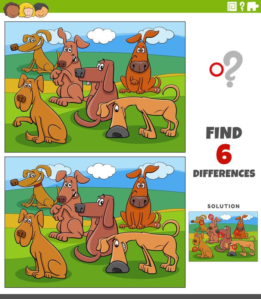 juego de diferencias con personajes de animales de perros de dibujos animados vector