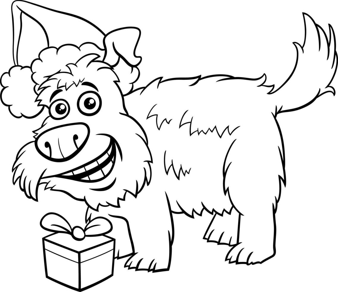 perro cómico con regalo en navidad página para colorear vector