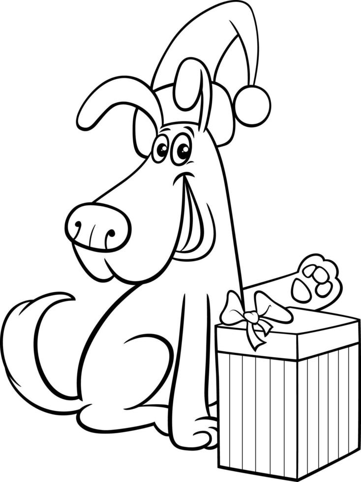 comic dog with Christmas present coloring page vector