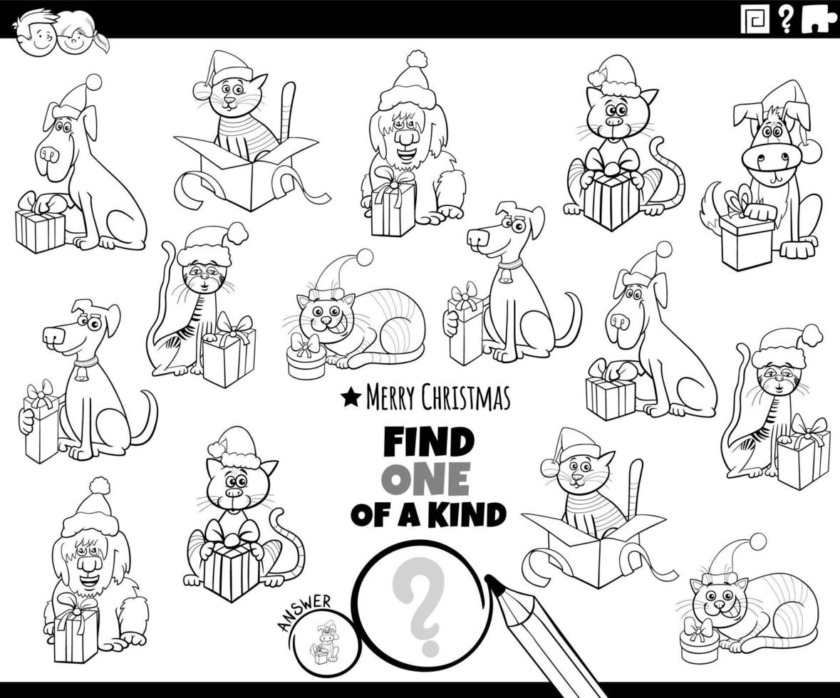 one of a kind game with pets on Christmas coloring page vector