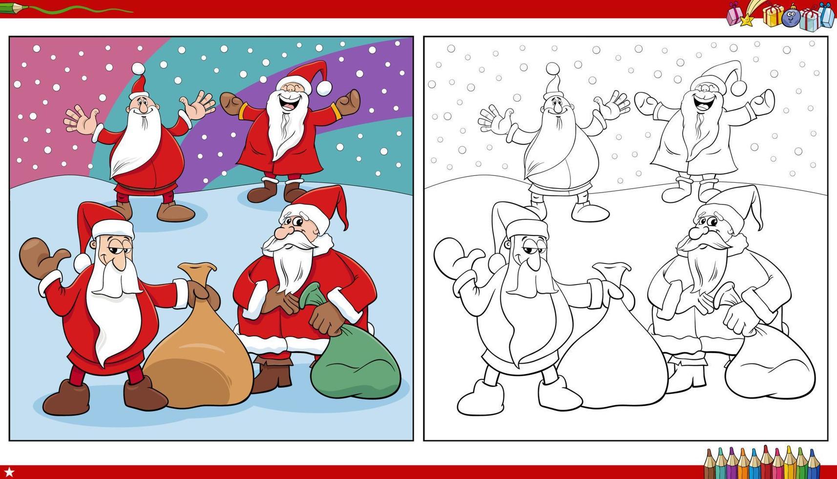 Santa Claus Christmas characters group coloring page vector