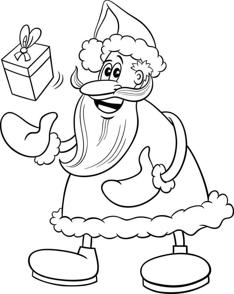 cartoon Santa Claus with Christmas gift coloring page vector