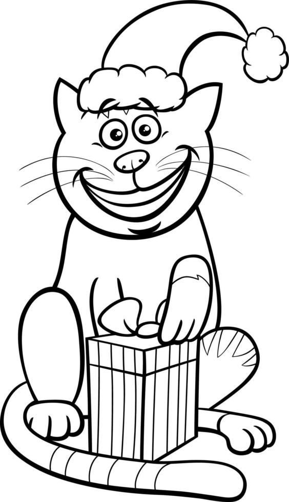 cartoon cat with Christmas present coloring page vector