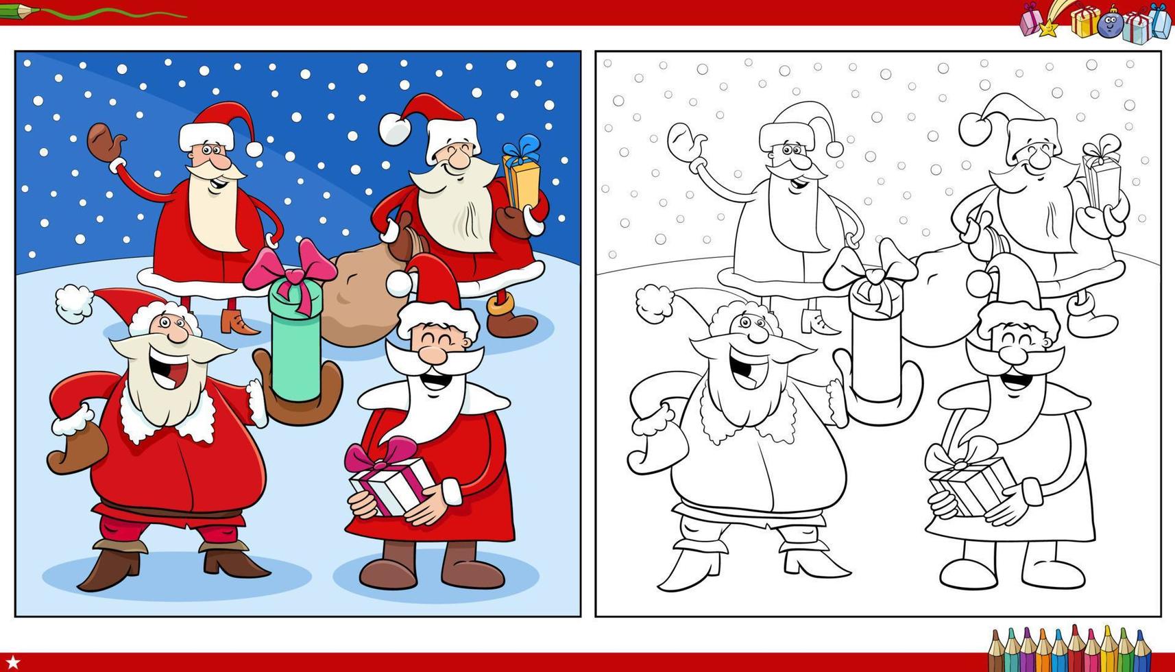 Santa Claus Christmas characters group coloring page vector