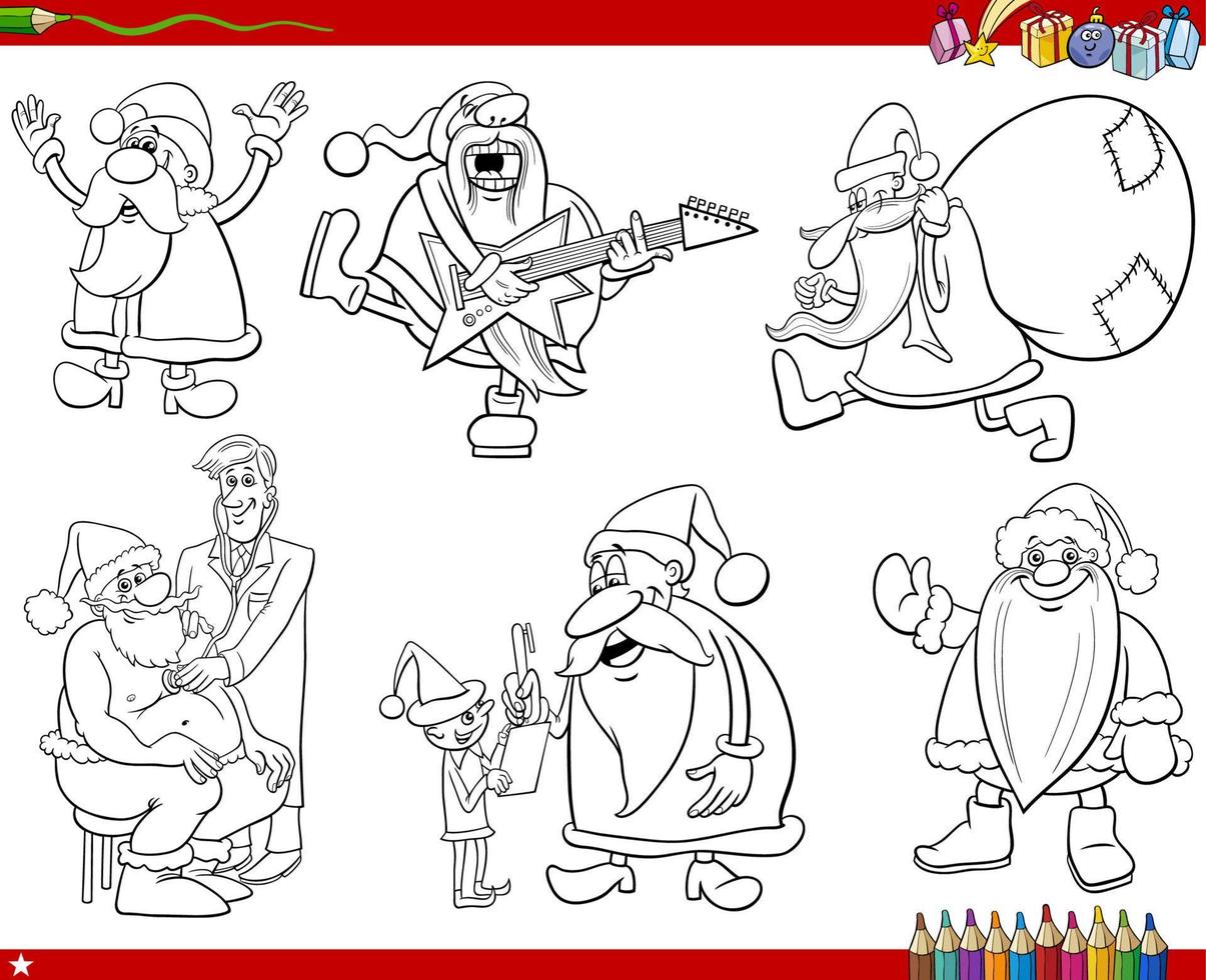 cartoon Santa Clauses characters set coloring page vector