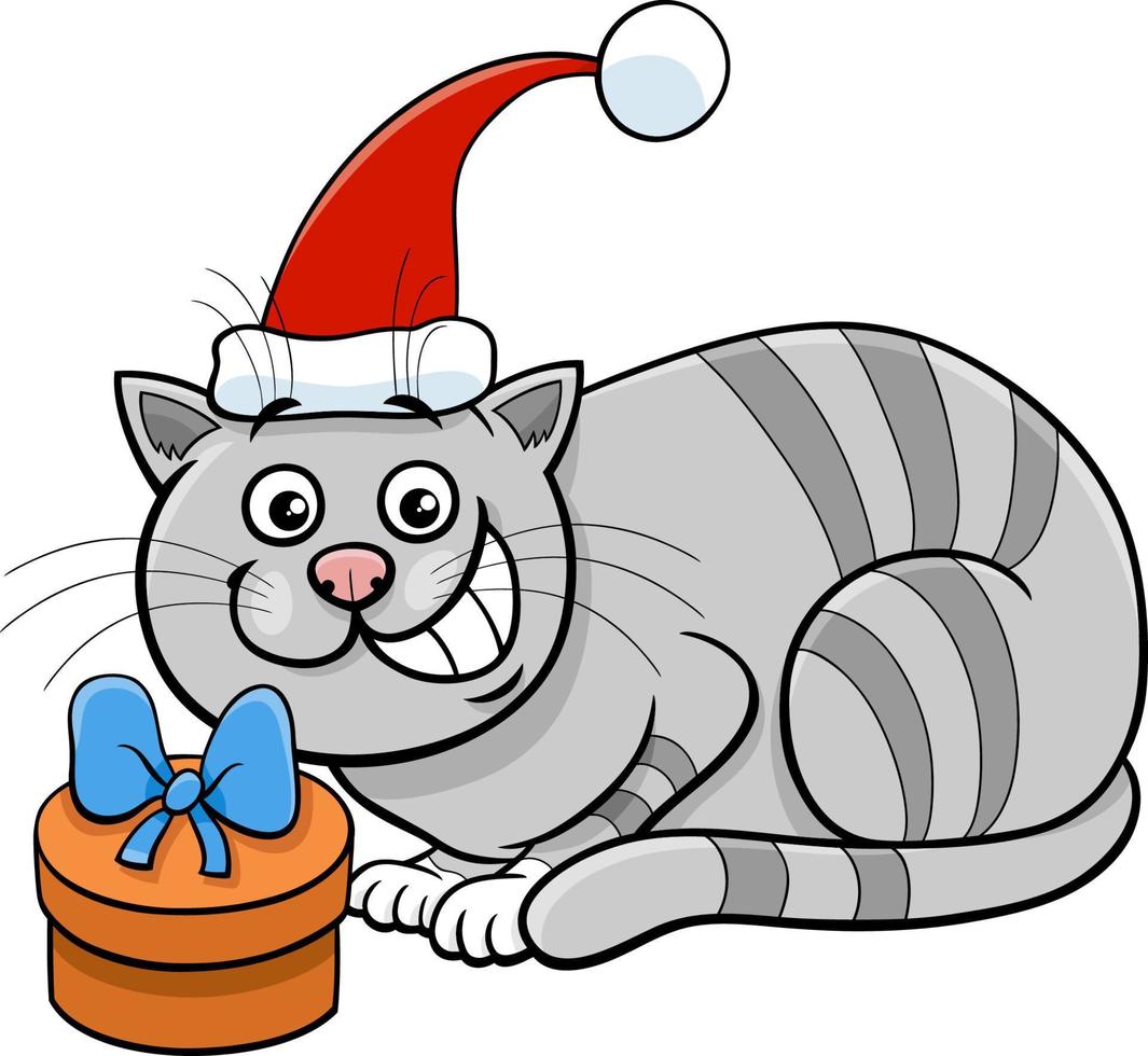 gato de dibujos animados o gatito con regalo en navidad vector