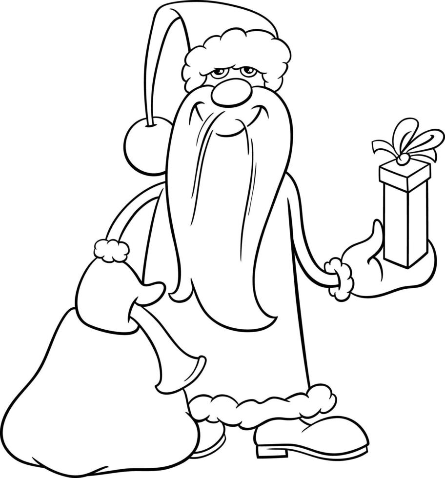 cartoon Santa Claus with sack and Christmas gift coloring page vector