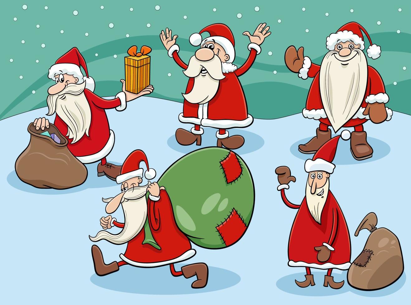 cartoon Santa Clauses characters on Christmas time vector