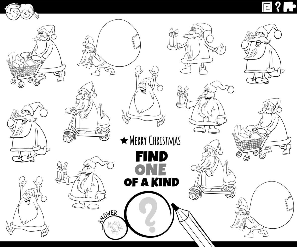 one of a kind game with cartoon Santa Clauses coloring page vector