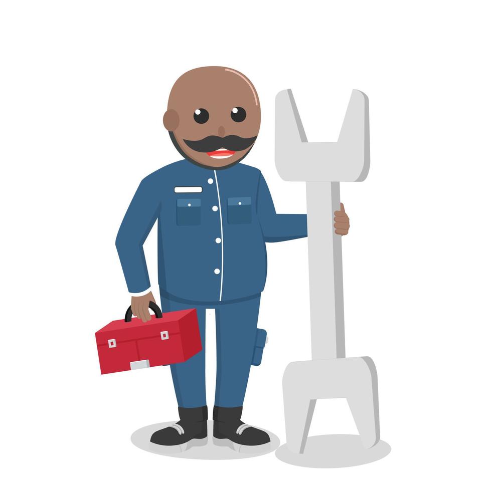 old man mechanic african with big  wrench and tool box design character on white background vector