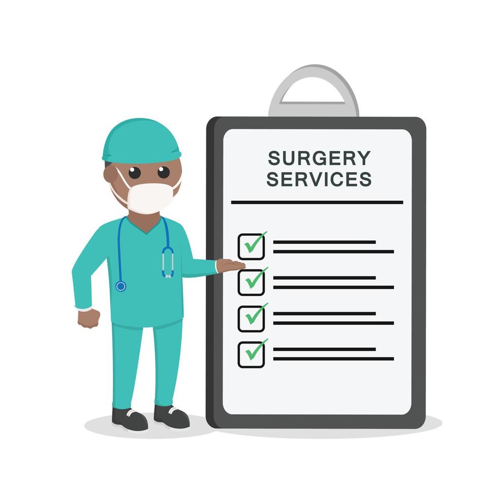 surgeon african with surgery services clipboard design character on white background vector