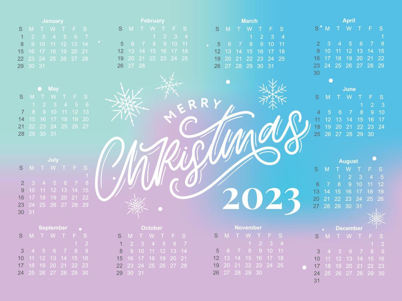2023 Calendar year vector illustration. The week starts on Sunday. Christmas snowflakes calendar 2023 template. Calendar design Sunday in red colors. Vector