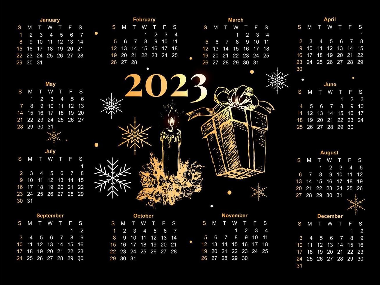 2023 Calendar year vector illustration. The week starts on Sunday. Christmas snowflakes calendar 2023 template. Calendar design Sunday in red colors. Vector